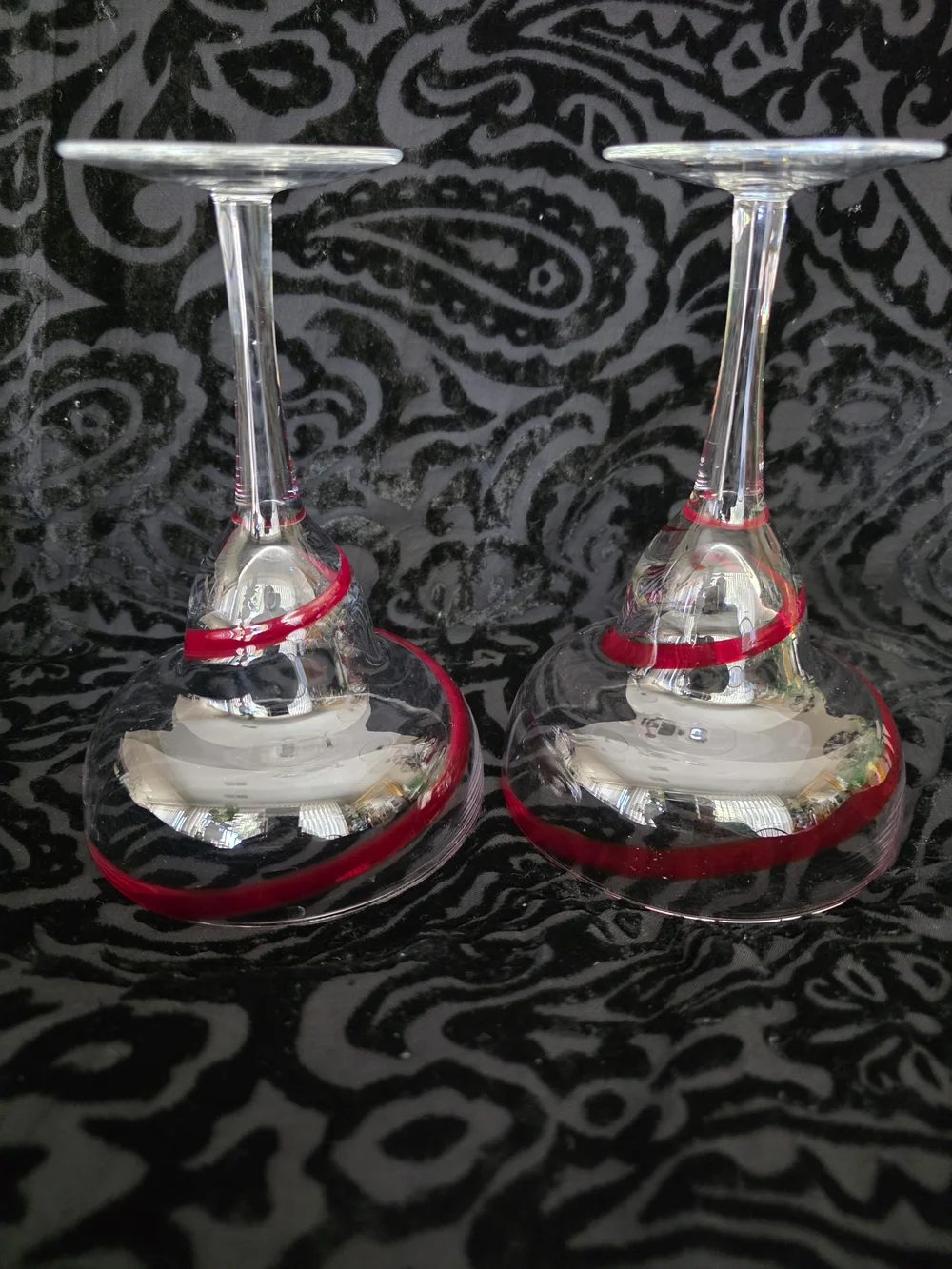 Vintage Pier 1 Clear Coupe Glasses with Red Swirl Accent - Set of 2